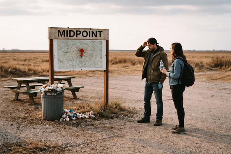 A person standing alone on an empty rural highway stretching to the horizon, holding a smartphone displaying a map with a pin