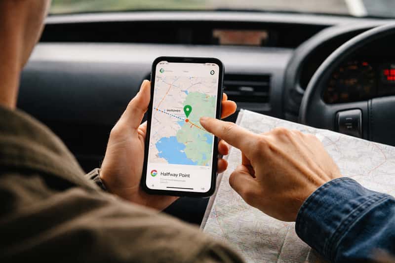 Google Maps interface on smartphone screen showing a route between two cities with a red pin marking the midpoint location on