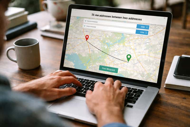 Person using GPS midpoint calculator app on smartphone while holding a printed map showing two marked locations