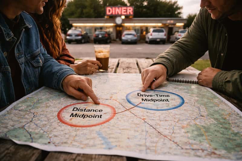 Two people meeting at a gas station convenience store counter, one arriving from a rural highway, the other from an urban str
