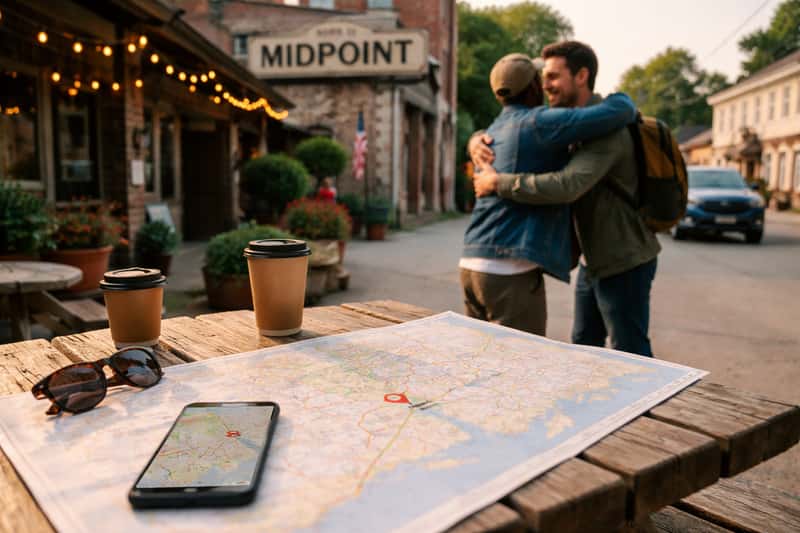 Two people meeting at a town center fountain, checking a map on a smartphone while pointing toward different directions