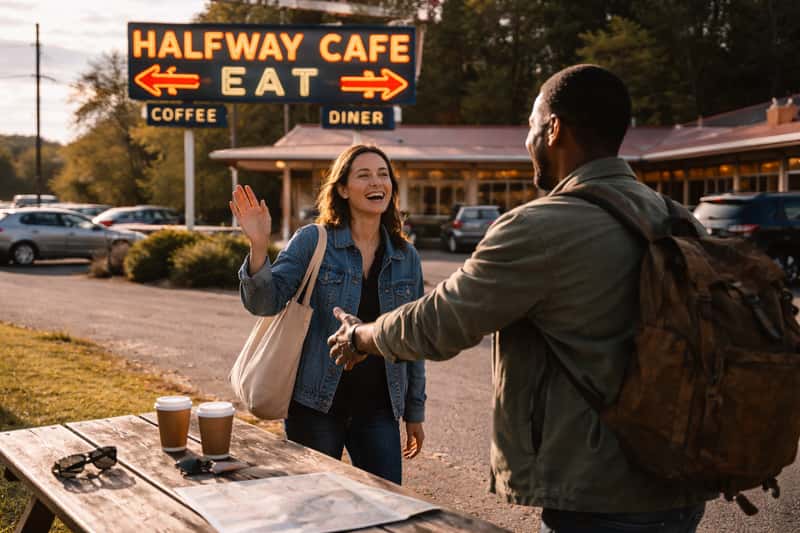 Two people standing at a picnic table in a small-town park, Two people standing at a picnic table in a small-town park, looking at a map together while a car is visible in the backgroun