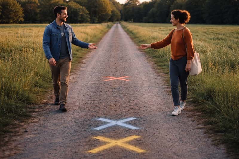 Two people standing on a path with one slightly ahead of the Two people standing on a path with one slightly ahead of the midpoint marker, both appearing relaxed and engaged in conversat