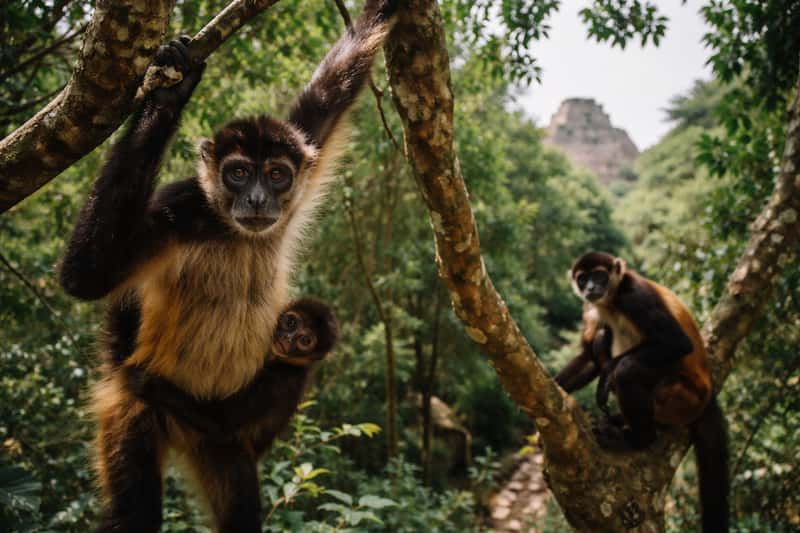 Black howler monkey perched on thick tree branch in dense tropical forest canopy, mouth open mid-call