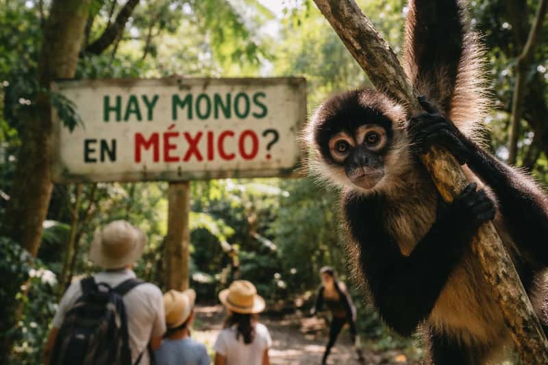 Black howler monkey perched on tree branch in dense Mexican jungle canopy, mouth open mid-call