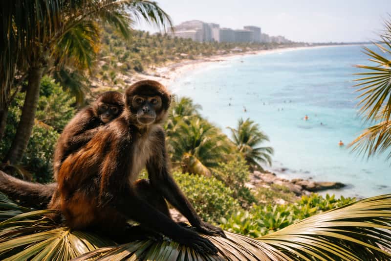 Black howler monkey perched on tree branch in Mexican jungle canopy, calling with mouth open