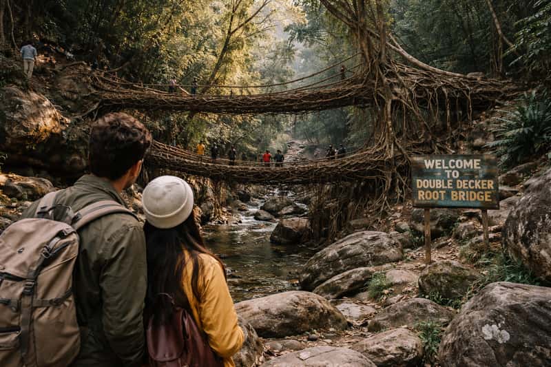 Living root bridge made of intertwined tree roots spanning a lush green gorge in Meghalaya