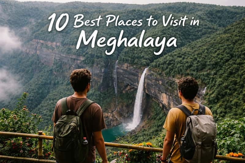 Misty mountain valley with terraced rice fields and traditional Khasi village houses nestled among lush green hills in Meghal