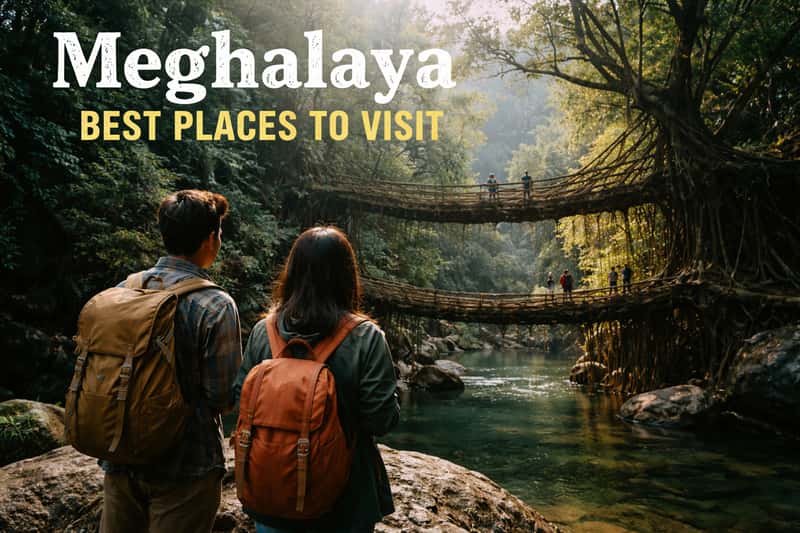 Terraced rice paddies on misty hillsides with traditional Khasi village houses nestled among green slopes in Meghalaya