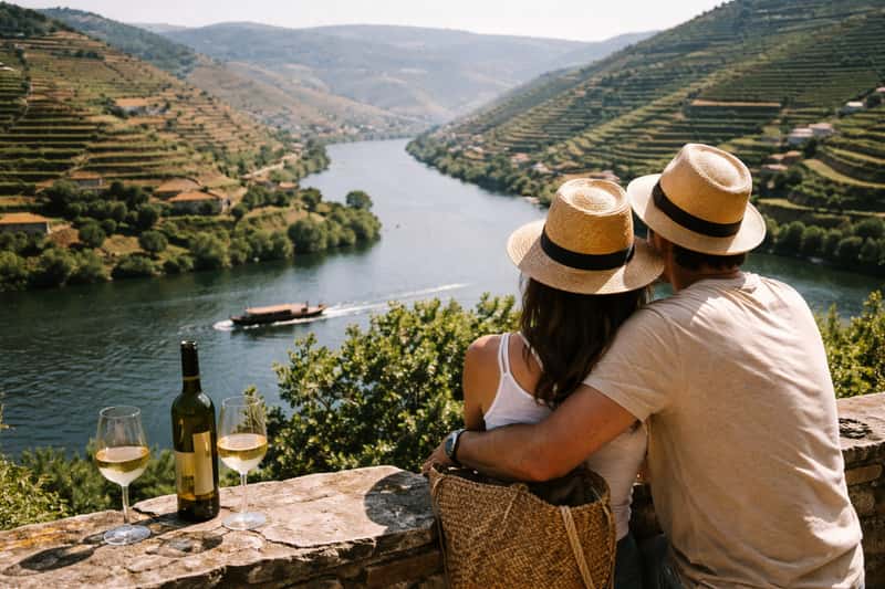 Terraced vineyards cascading down steep hillsides along the Douro River, with a traditional rabelo boat moored at the water's