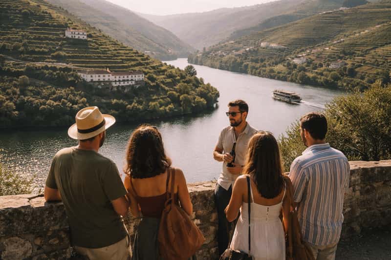 Terraced vineyards cascading down steep hillsides along the Douro River, with traditional stone walls and grapevines in vario