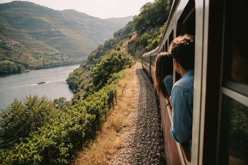 Terraced vineyards cascading down steep hillsides toward the Douro River, with traditional stone walls and grapevines in afte