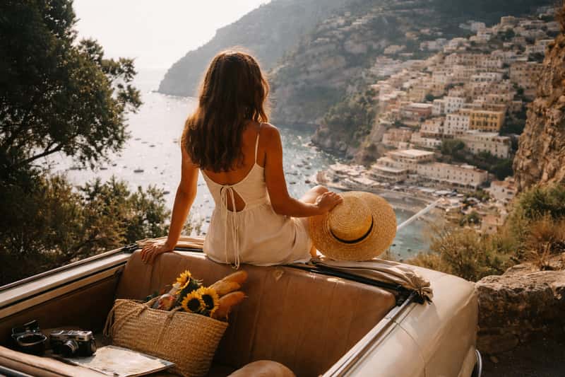 Vintage film camera resting on open travel journal with handwritten notes, surrounded by scattered polaroid photographs and a
