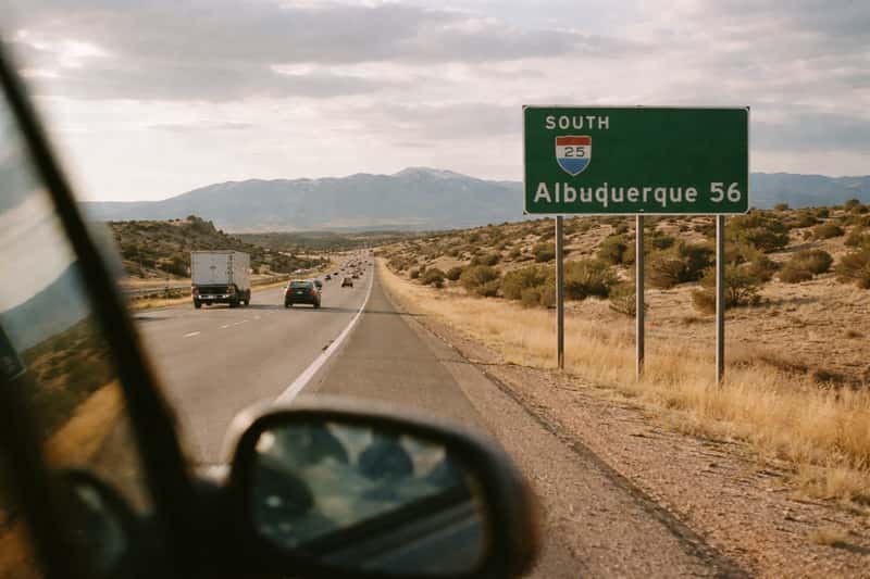 Road stretching between desert hills under blue sky, mile marker visible on highway between two New Mexico cities